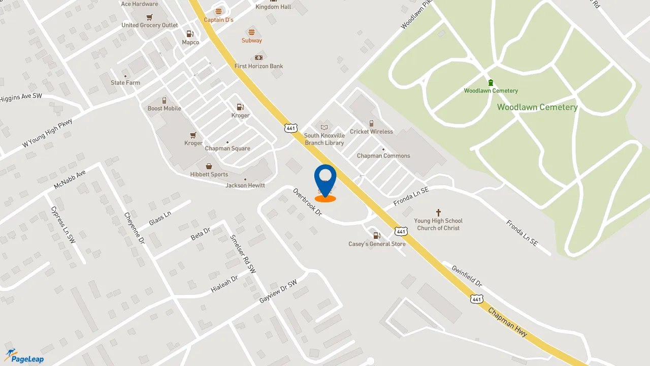 PageLeap.com map showing location of Sonic Drive-In in Knoxville.