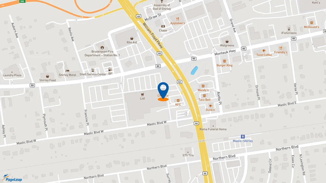https://pageleap.com map showing location of Sonic Drive-In in Shirley.