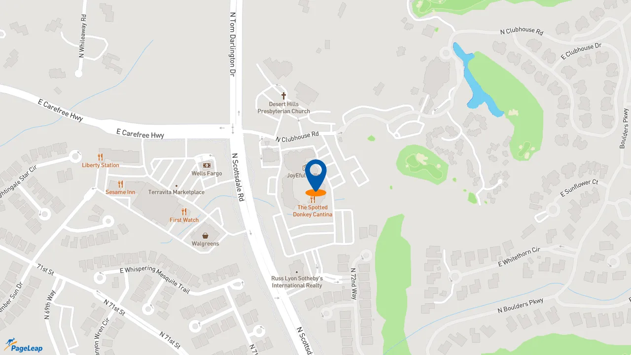 https://pageleap.com map showing location of Spotted Donkey Cantina in Scottsdale.