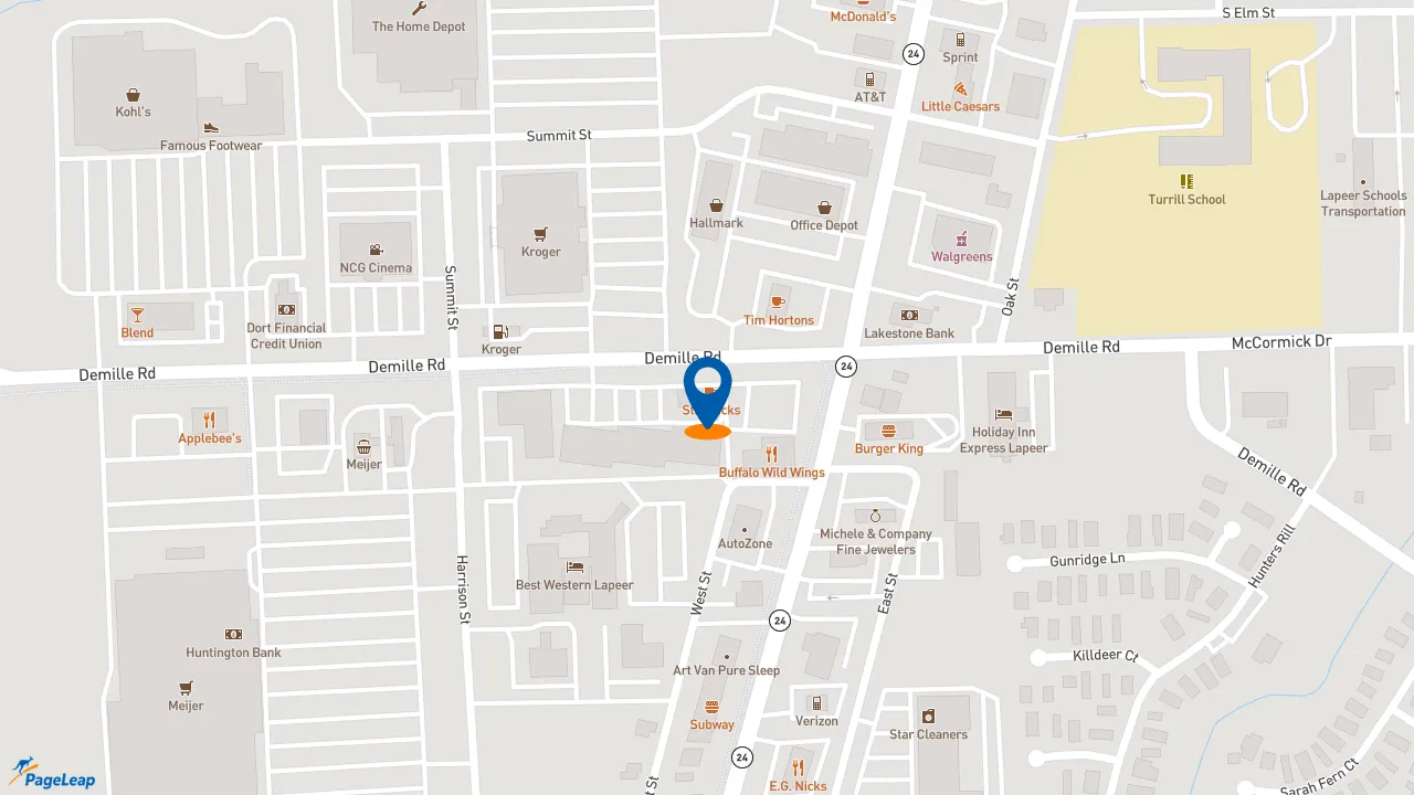 https://pageleap.com map showing location of Starbucks in Lapeer.