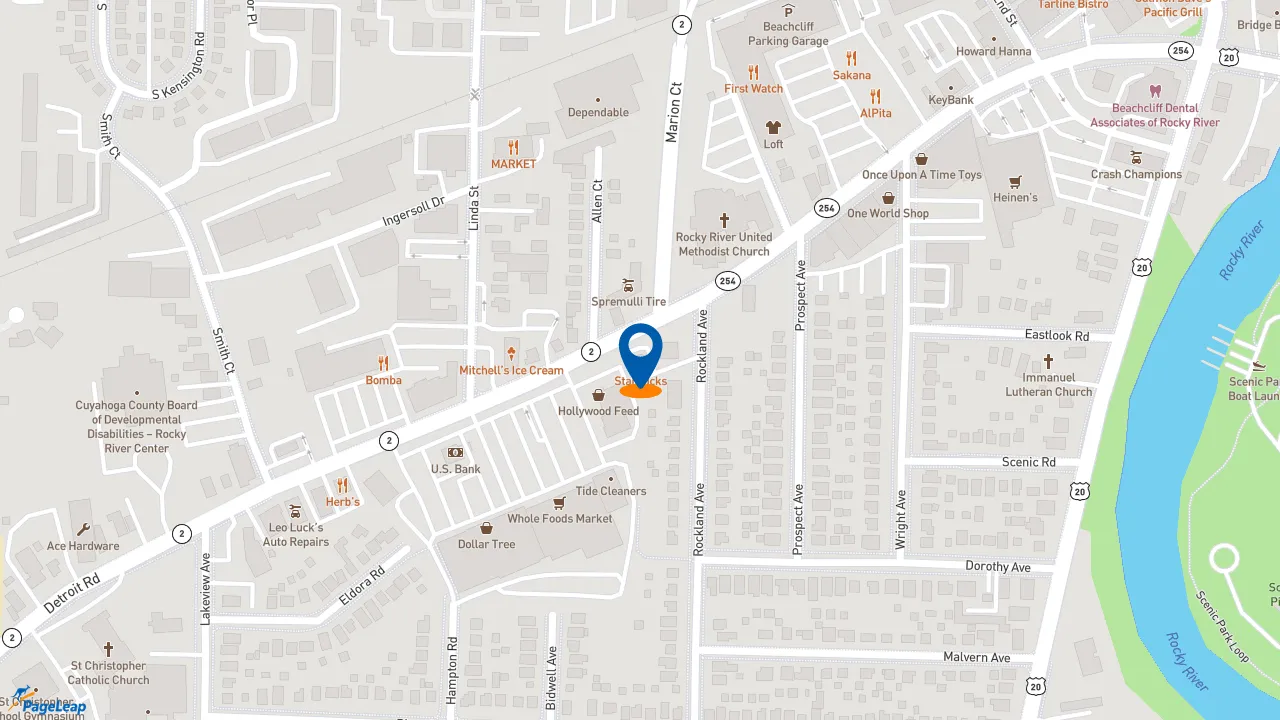 https://pageleap.com map showing location of Starbucks in Rocky River.