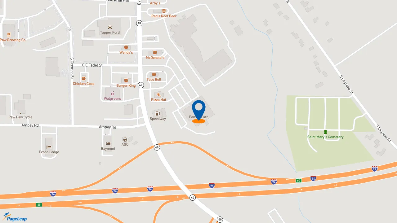 https://pageleap.com map showing location of Starbucks in Paw Paw.