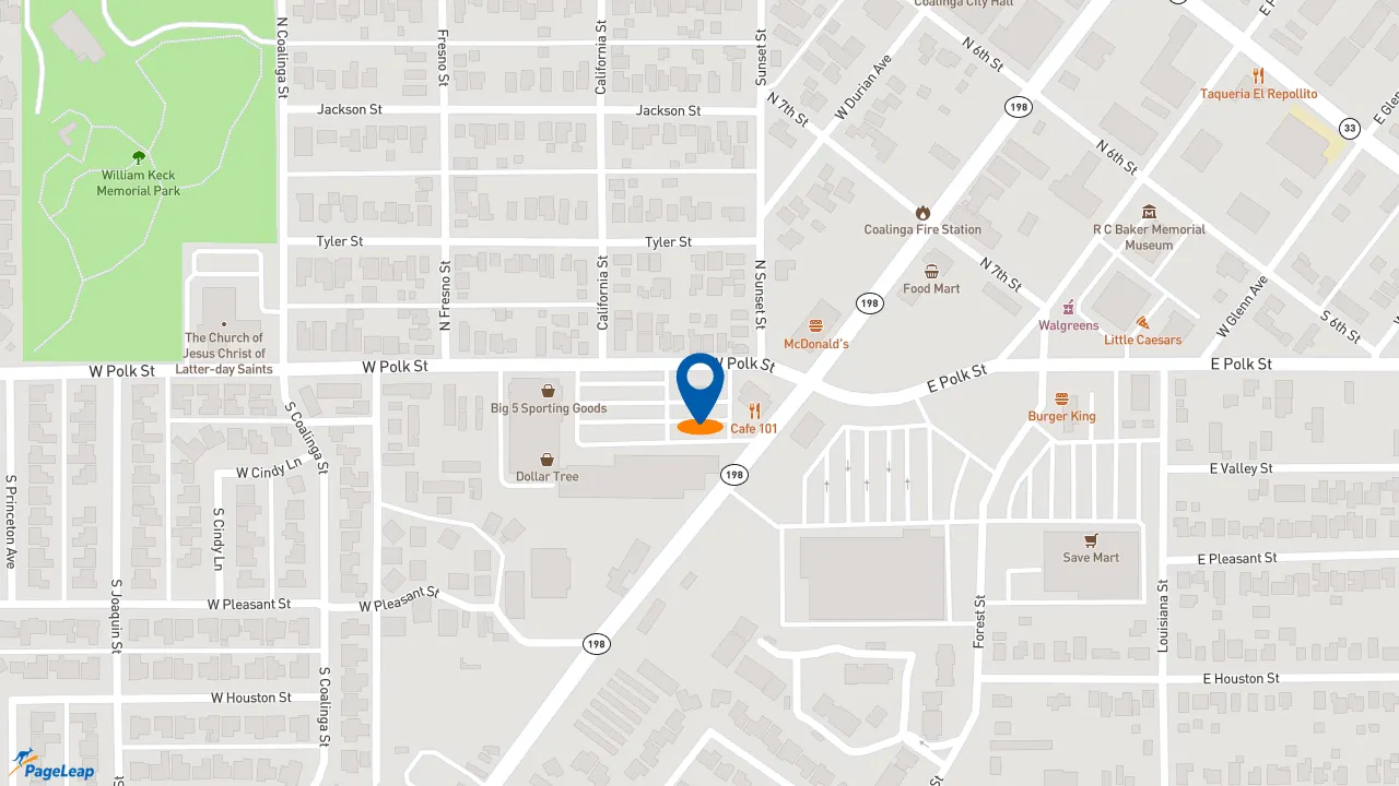 https://pageleap.com map showing location of Starbucks in Coalinga.