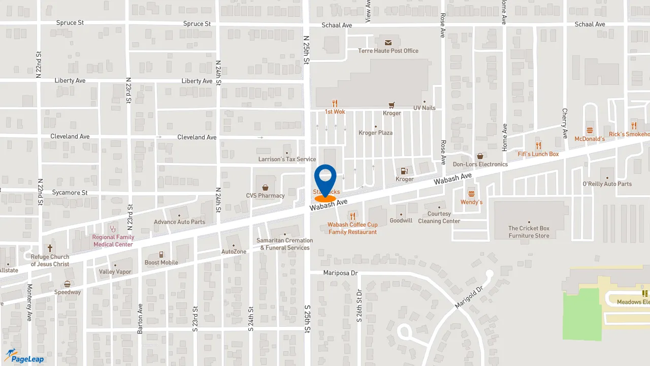 https://pageleap.com map showing location of Starbucks in Terre Haute.