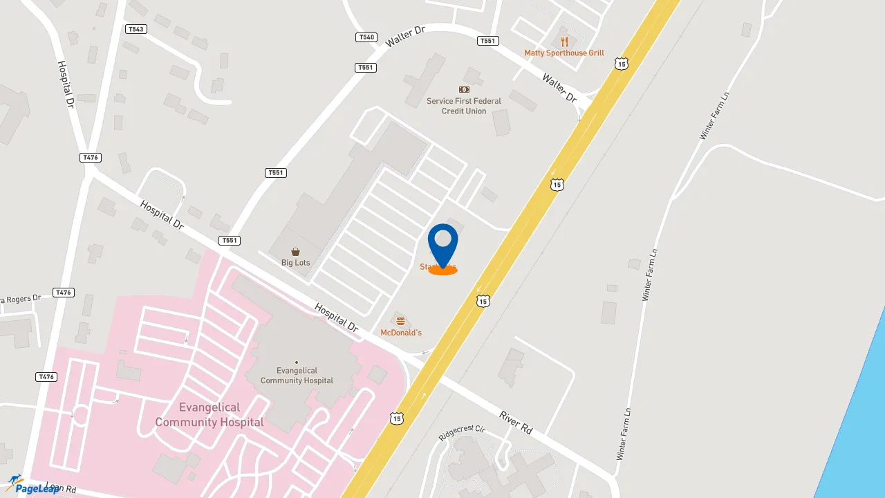 https://pageleap.com map showing location of Starbucks in Lewisburg.