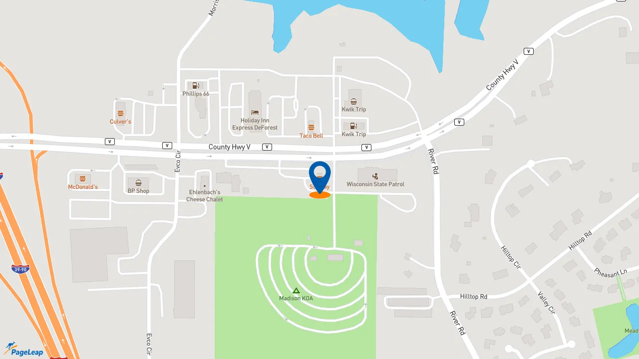 https://pageleap.com map showing location of Subway in De Forest.
