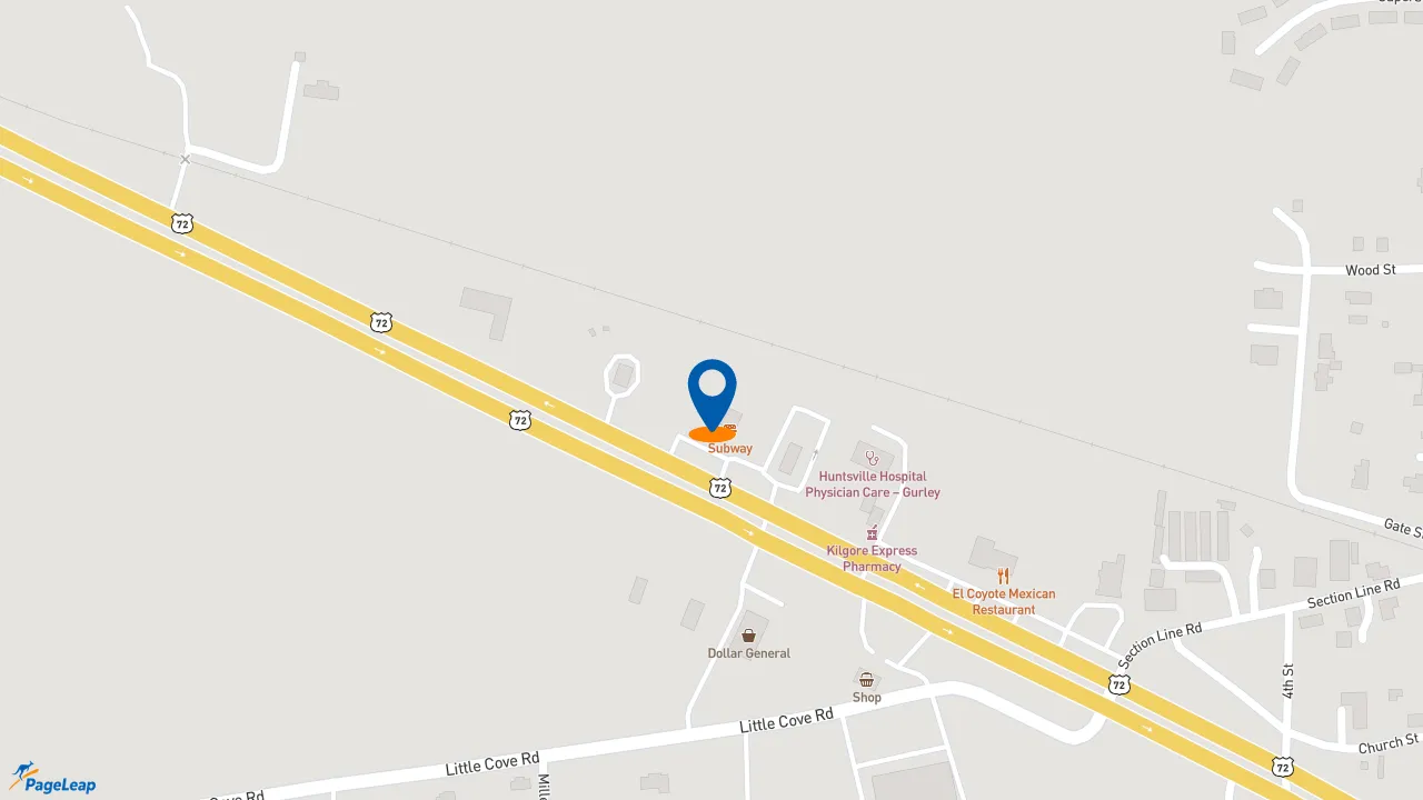 https://pageleap.com map showing location of Subway in Gurley.