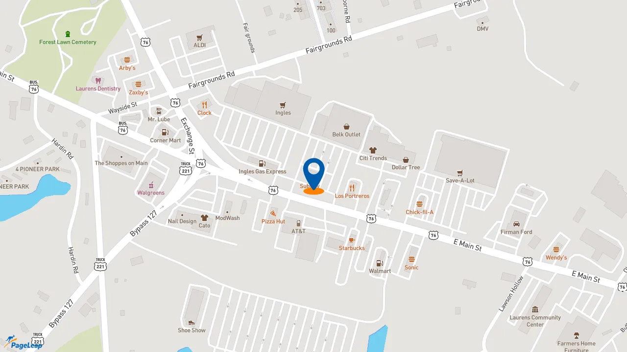 https://pageleap.com map showing location of Subway in Laurens.