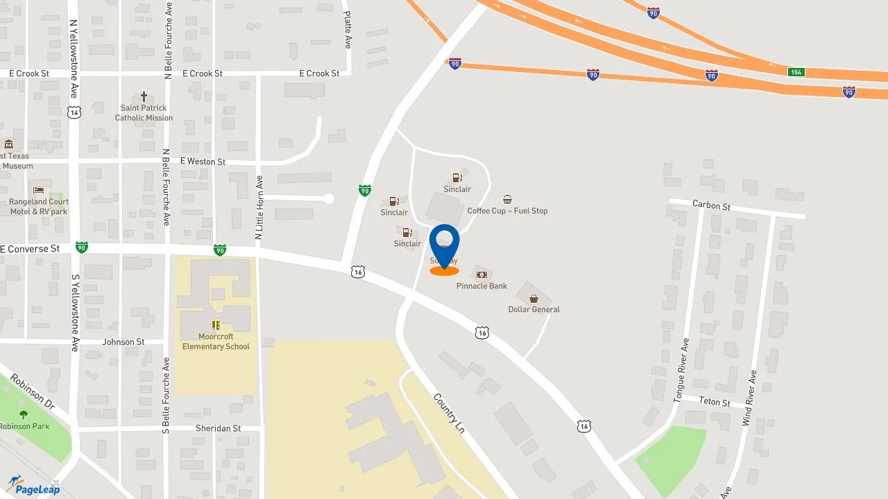 https://pageleap.com map showing location of Subway in Moorcroft.