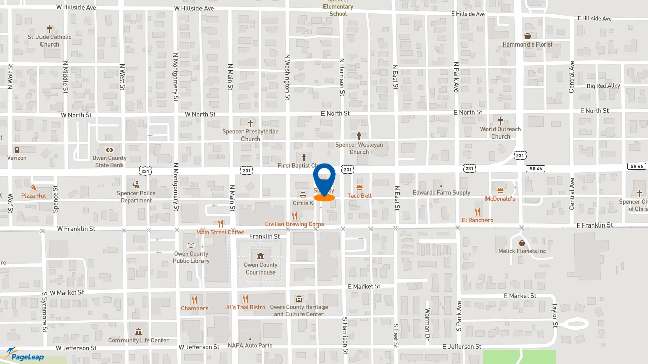 https://pageleap.com map showing location of Subway in Spencer.