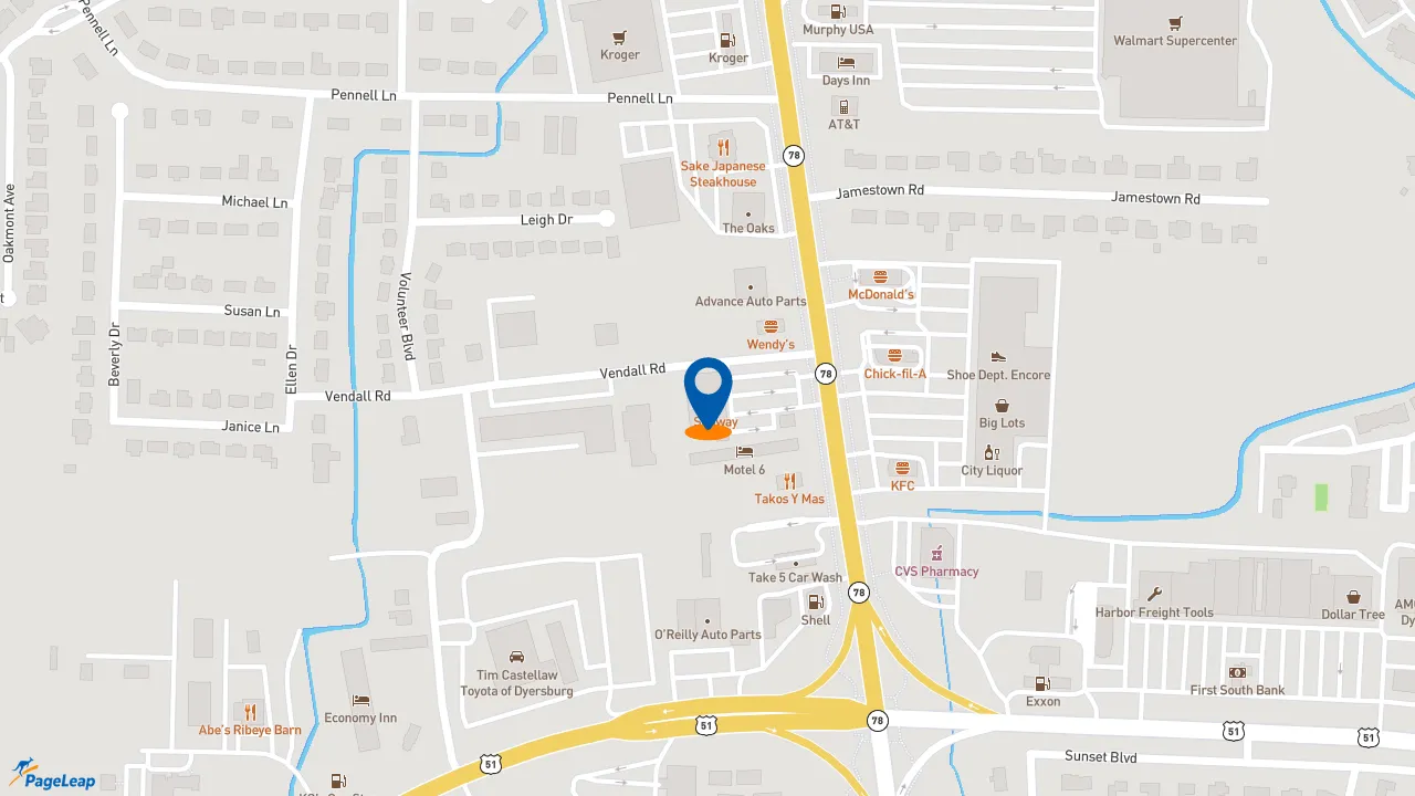 https://pageleap.com map showing location of Subway in Dyersburg.