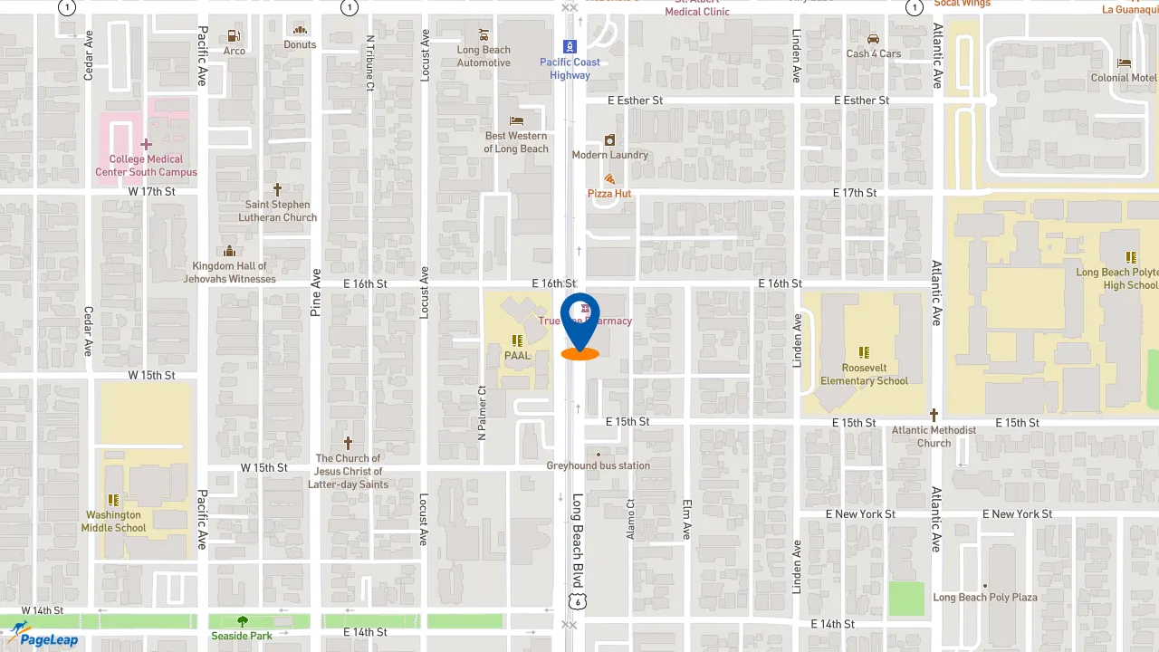 PageLeap.com map showing location of Subway in Long Beach.