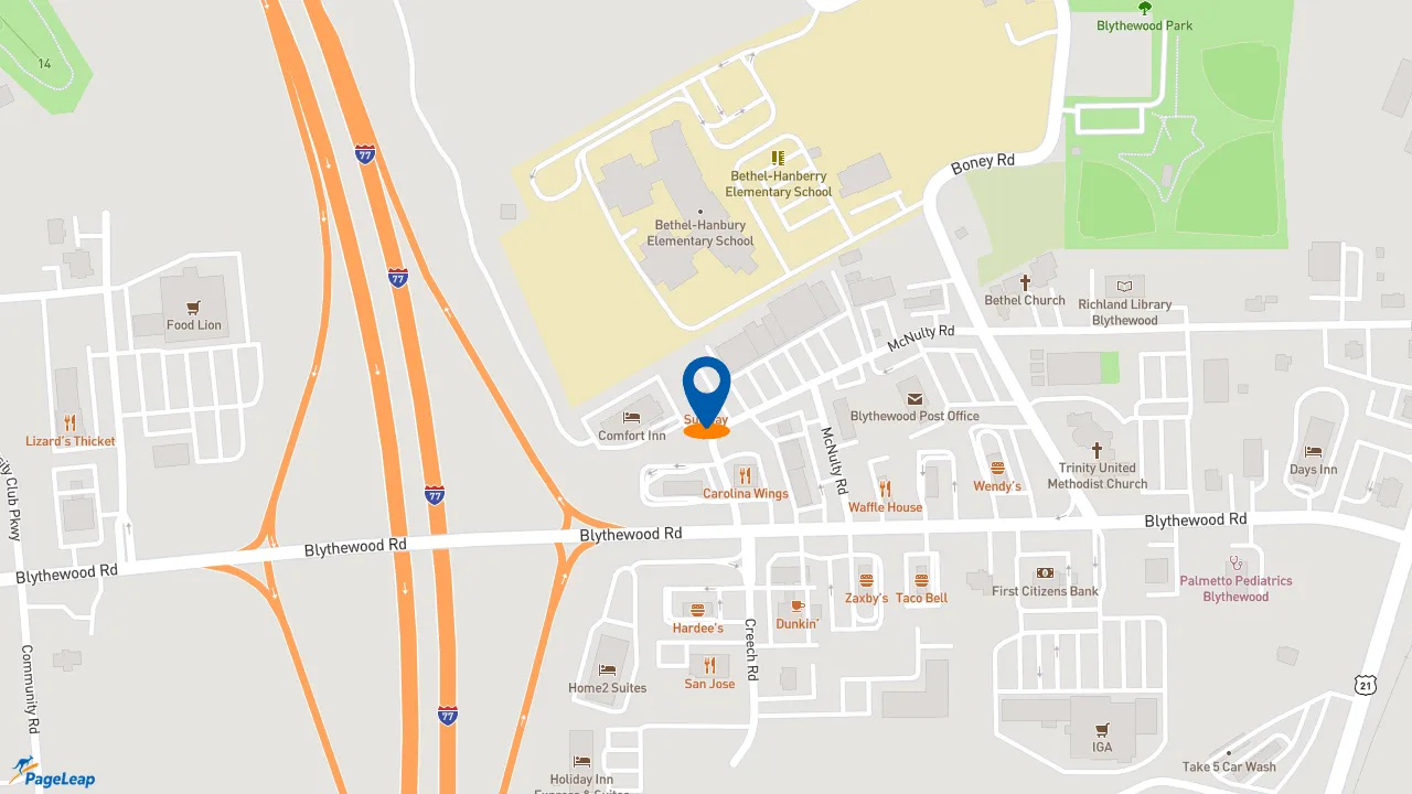 https://pageleap.com map showing location of Subway in Blythewood.