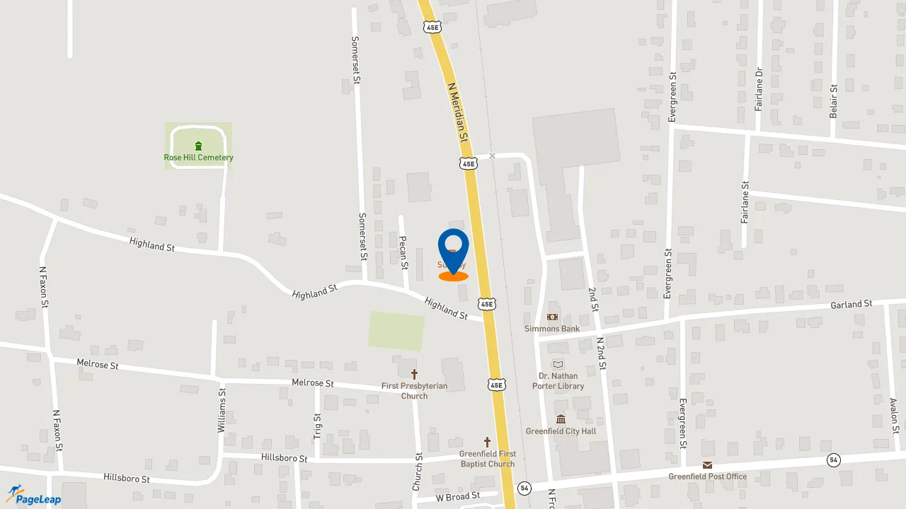 https://pageleap.com map showing location of Subway in Greenfield.
