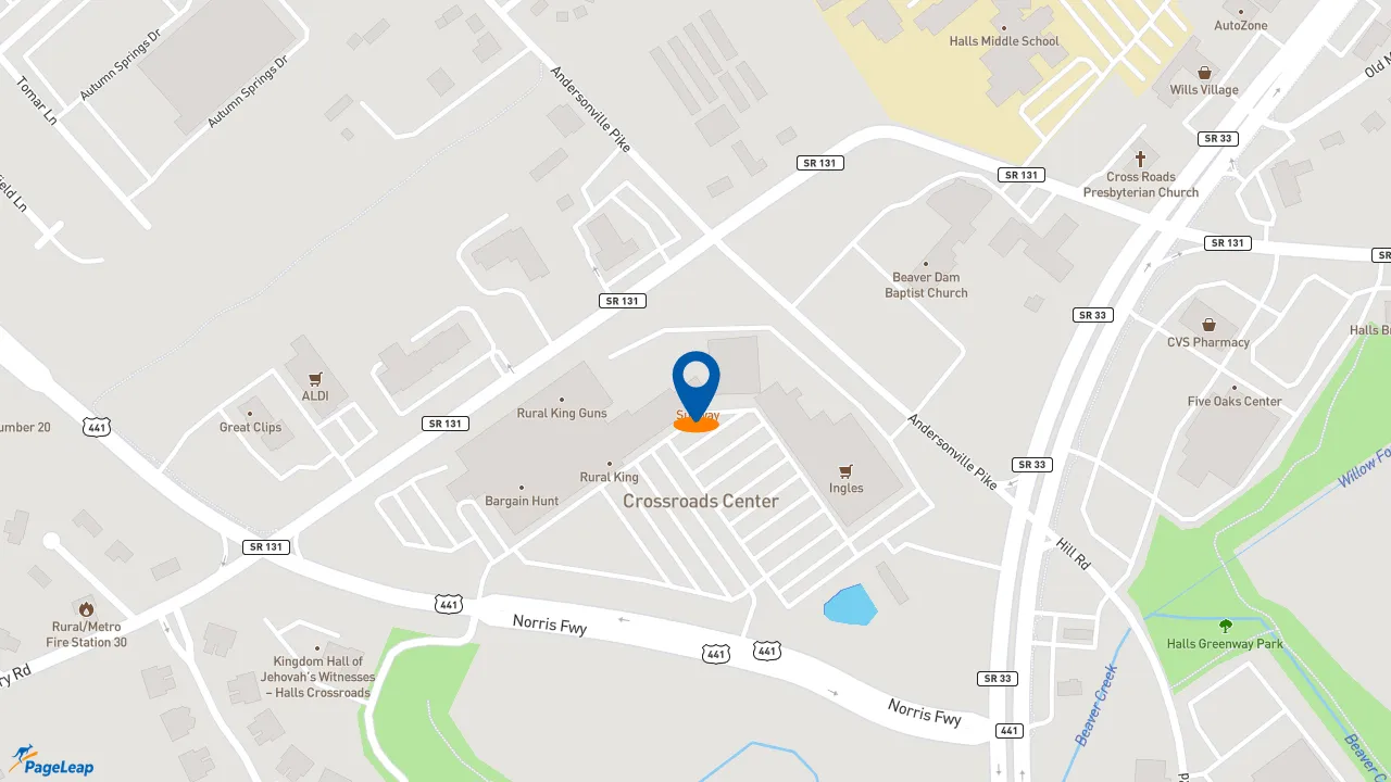 https://pageleap.com map showing location of Subway in Knoxville.