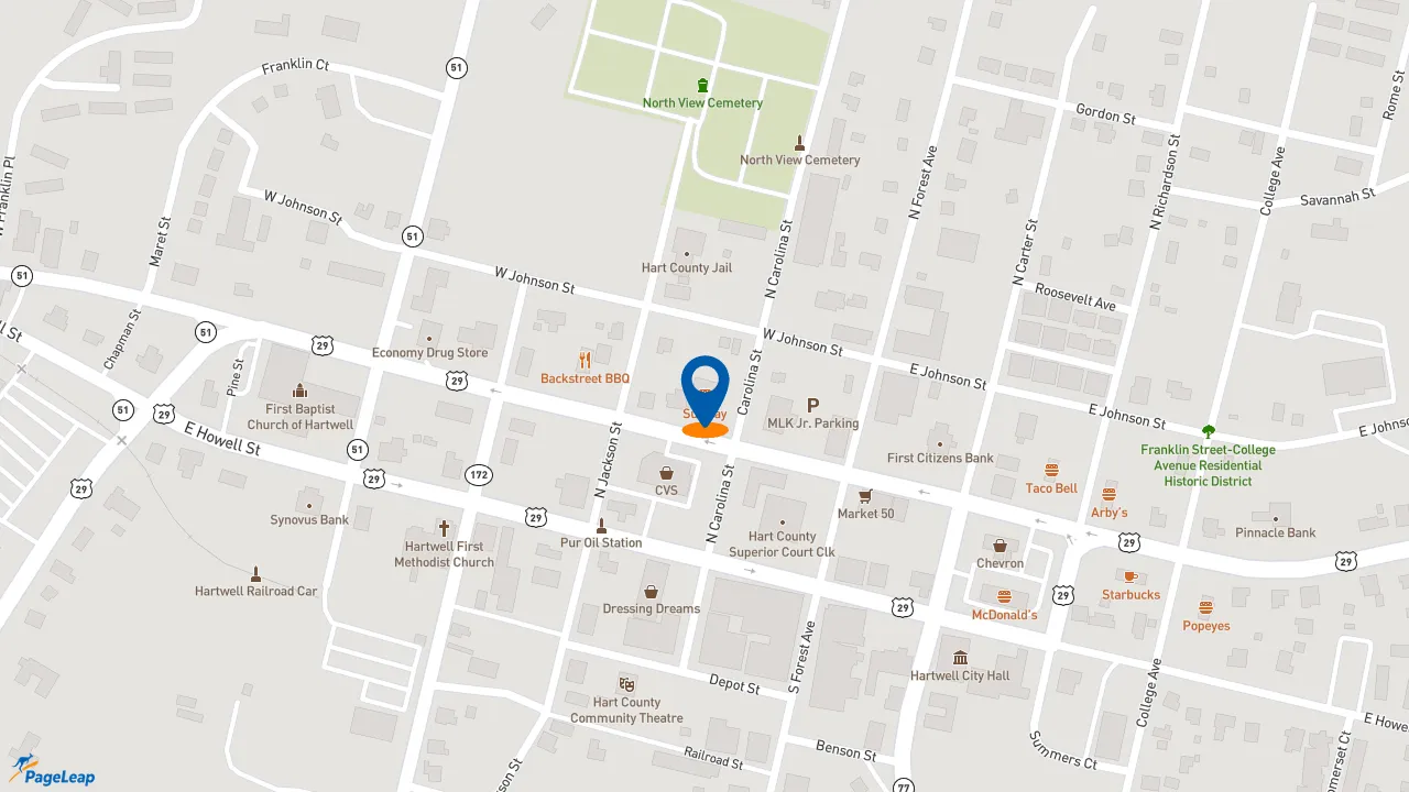 https://pageleap.com map showing location of Subway in Hartwell.