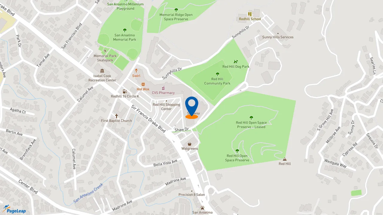 https://pageleap.com map showing location of Subway in San Anselmo.