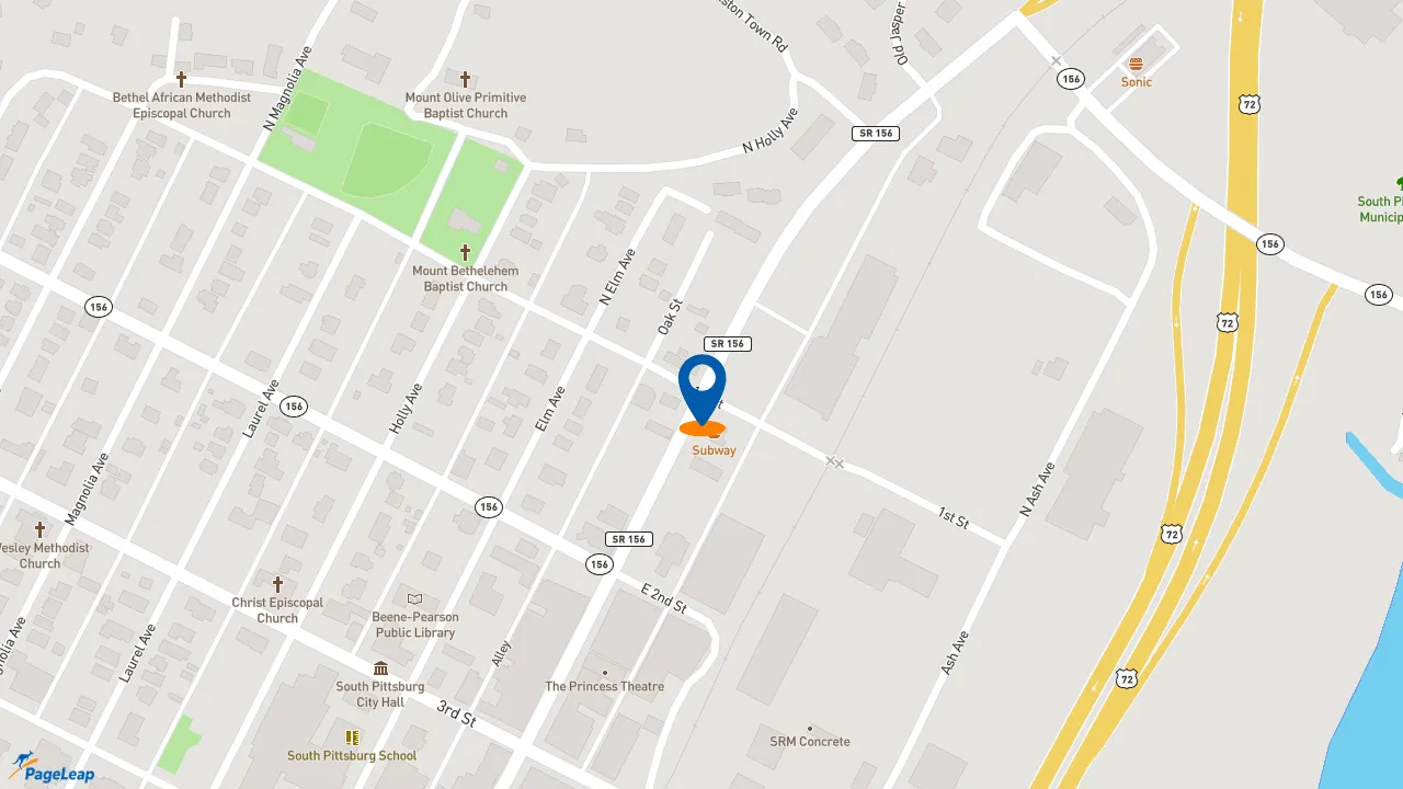 https://pageleap.com map showing location of Subway in South Pittsburg.