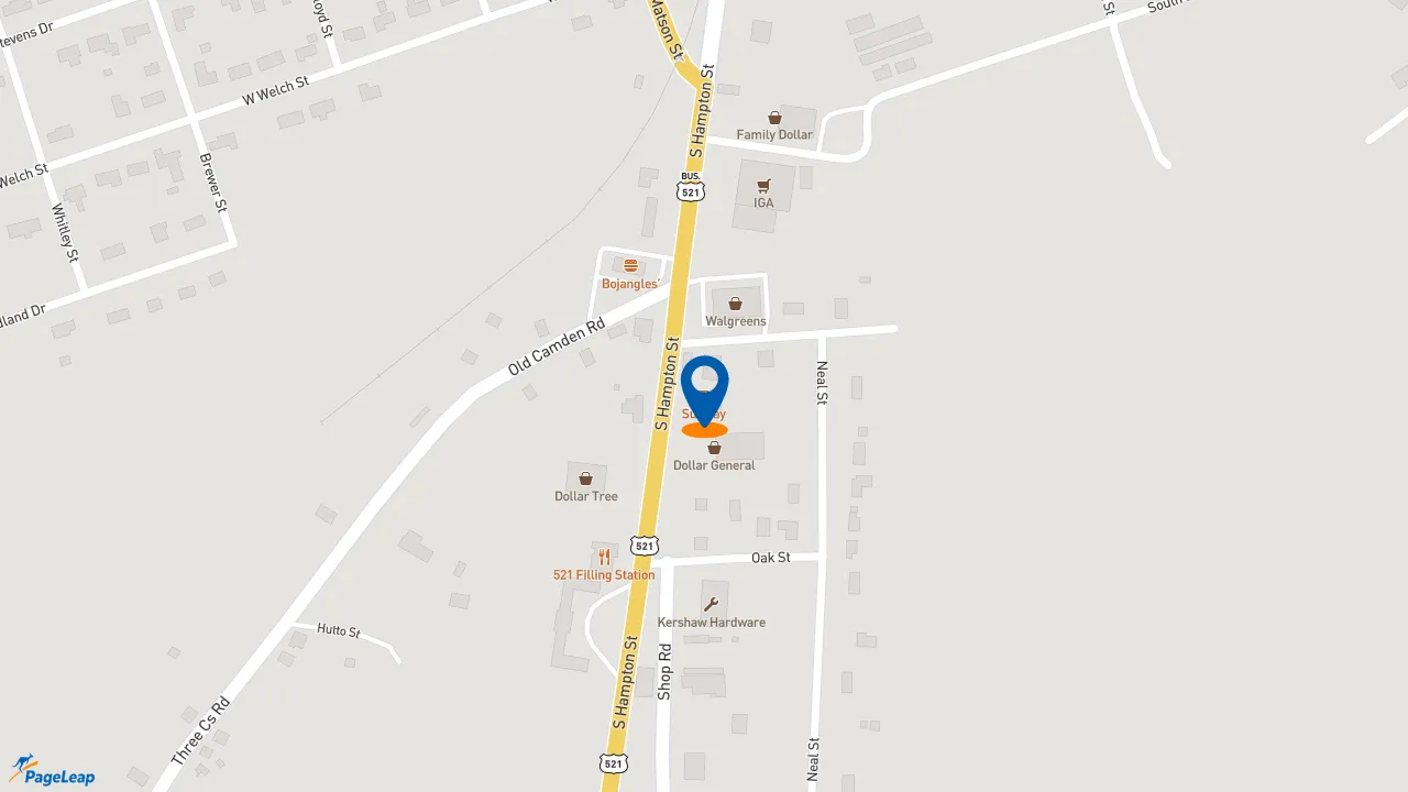 https://pageleap.com map showing location of Subway in Kershaw.