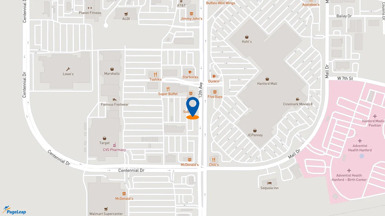 https://pageleap.com map showing location of Subway in Hanford.