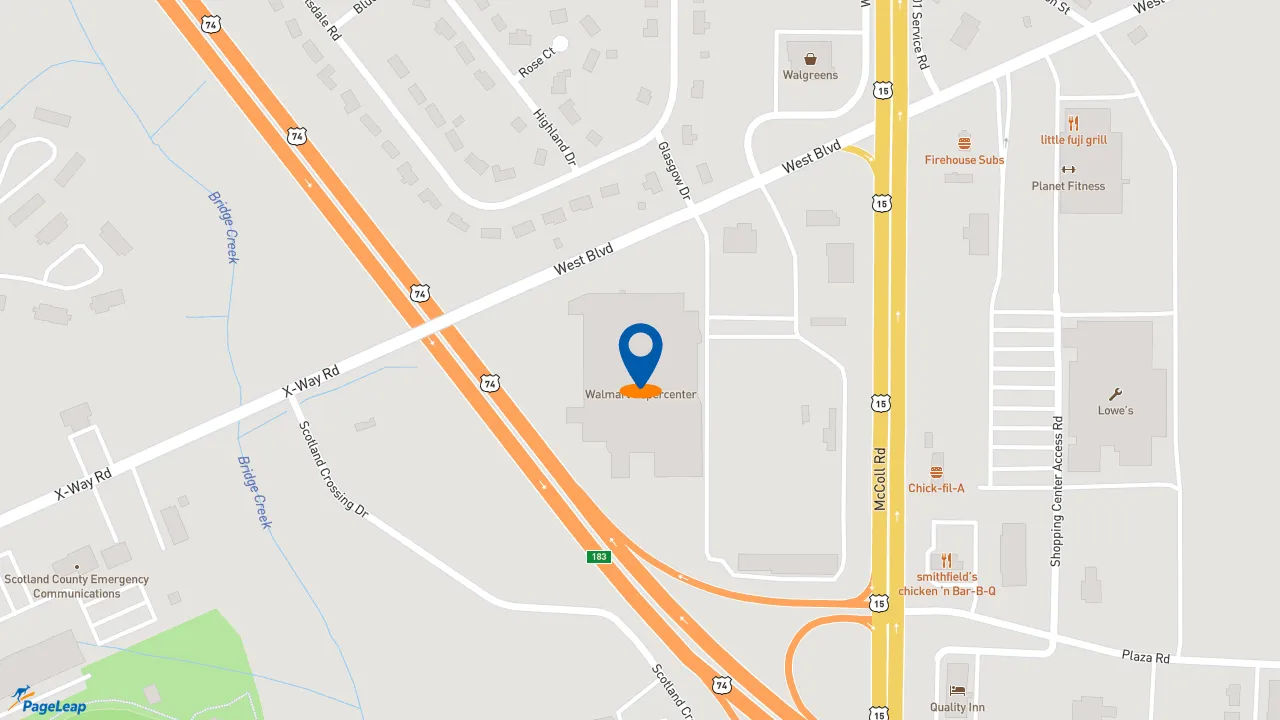 https://pageleap.com map showing location of Subway in Laurinburg.