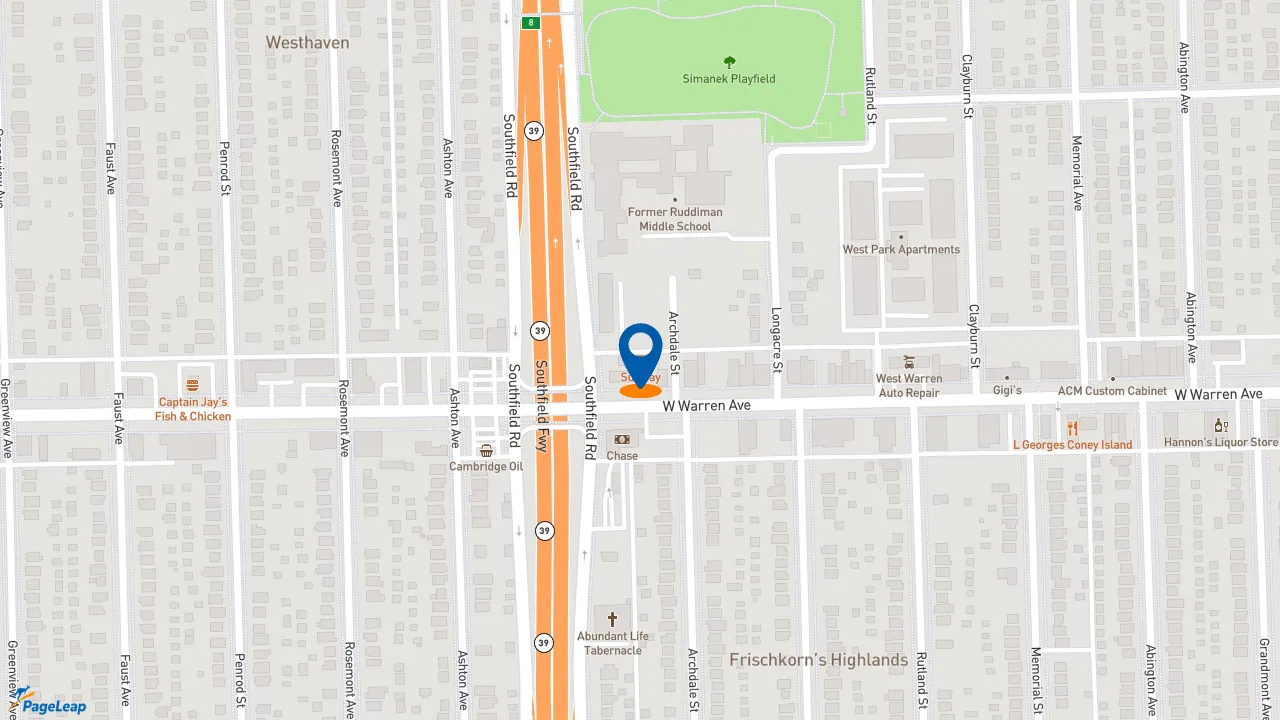 https://pageleap.com map showing location of Subway in Detroit.