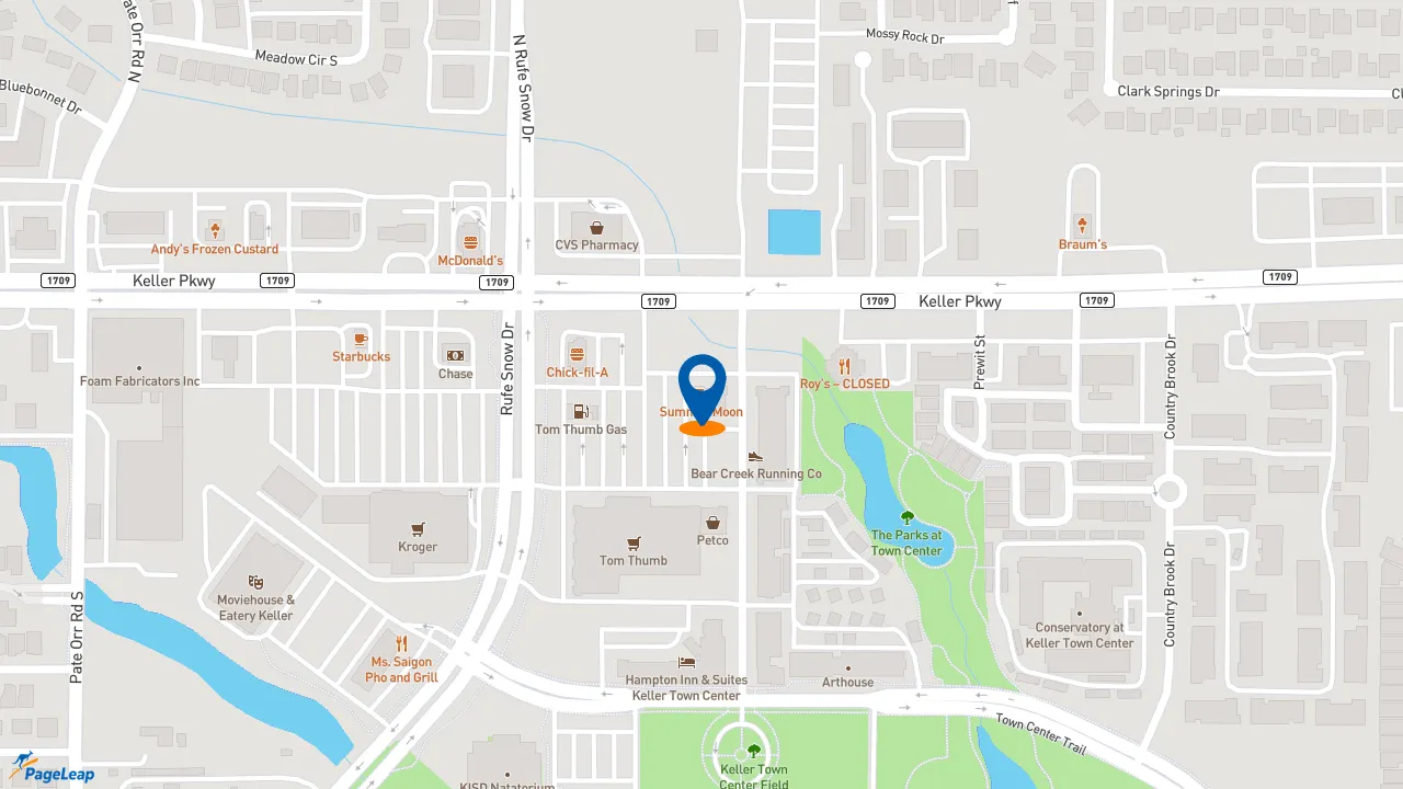 PageLeap.com map showing location of Summer Moon Coffee in Keller.