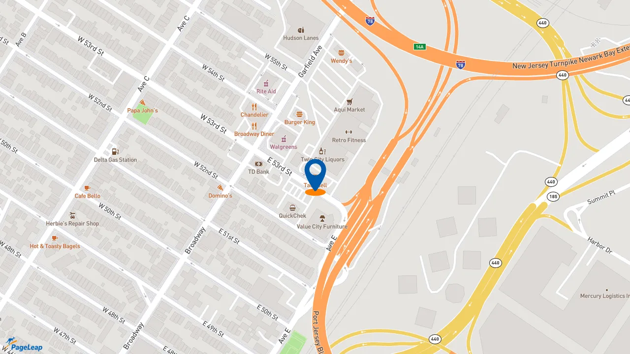 https://pageleap.com map showing location of Taco Bell in Bayonne.