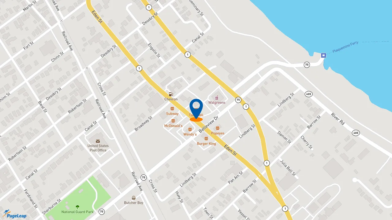 https://pageleap.com map showing location of Taco Bell in Plaquemine.