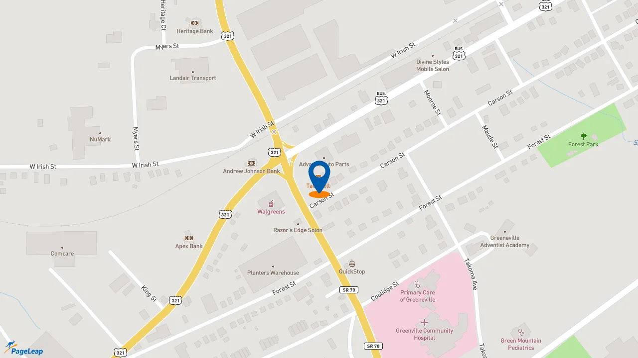 https://pageleap.com map showing location of Taco Bell in Greeneville.