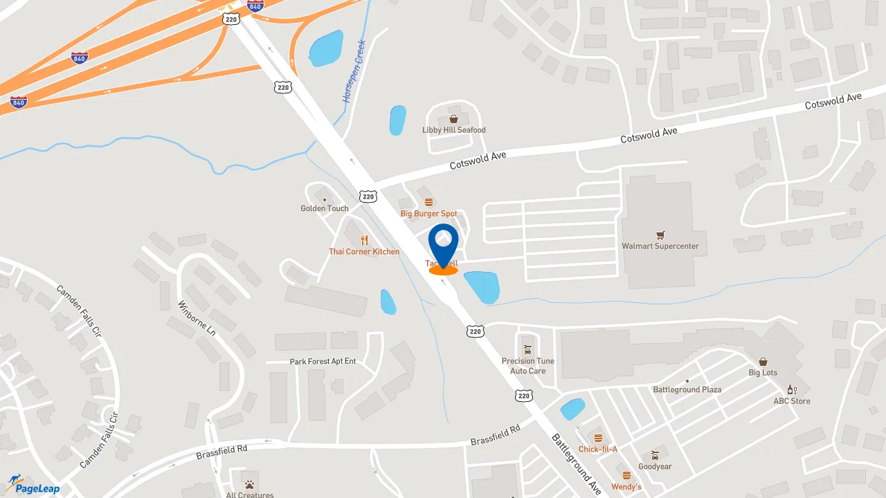 https://pageleap.com map showing location of Taco Bell in Greensboro.