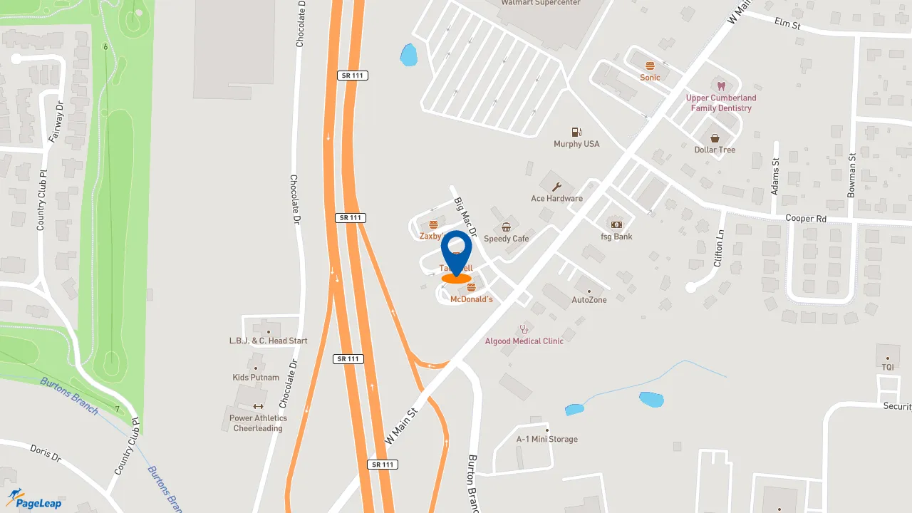 https://pageleap.com map showing location of Taco Bell in Cookeville.