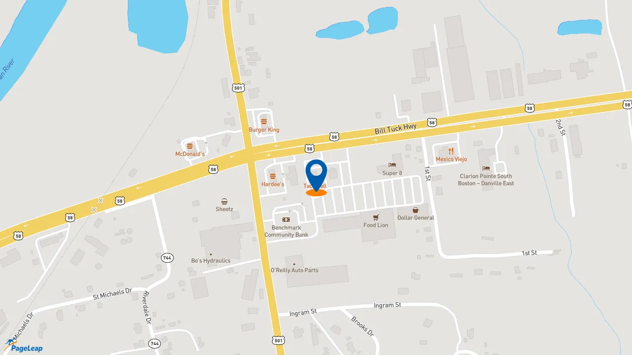 https://pageleap.com map showing location of Taco Bell in South Boston.