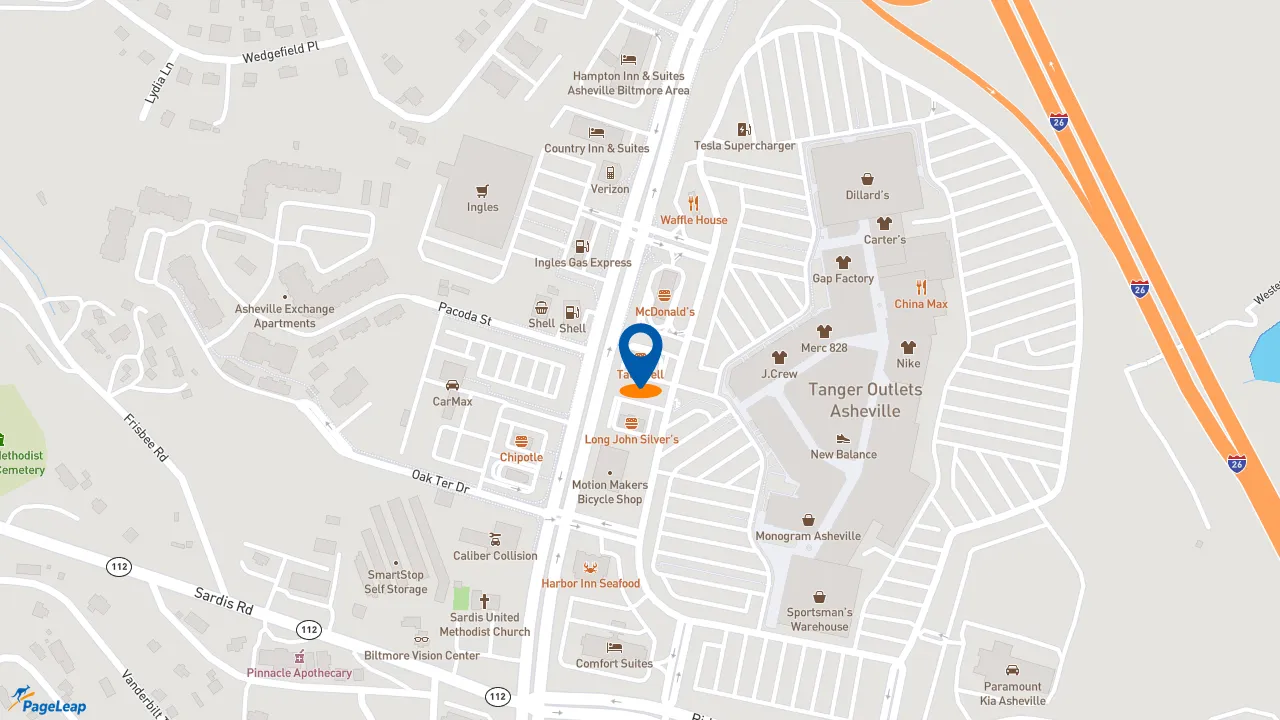 https://pageleap.com map showing location of Taco Bell in Asheville.