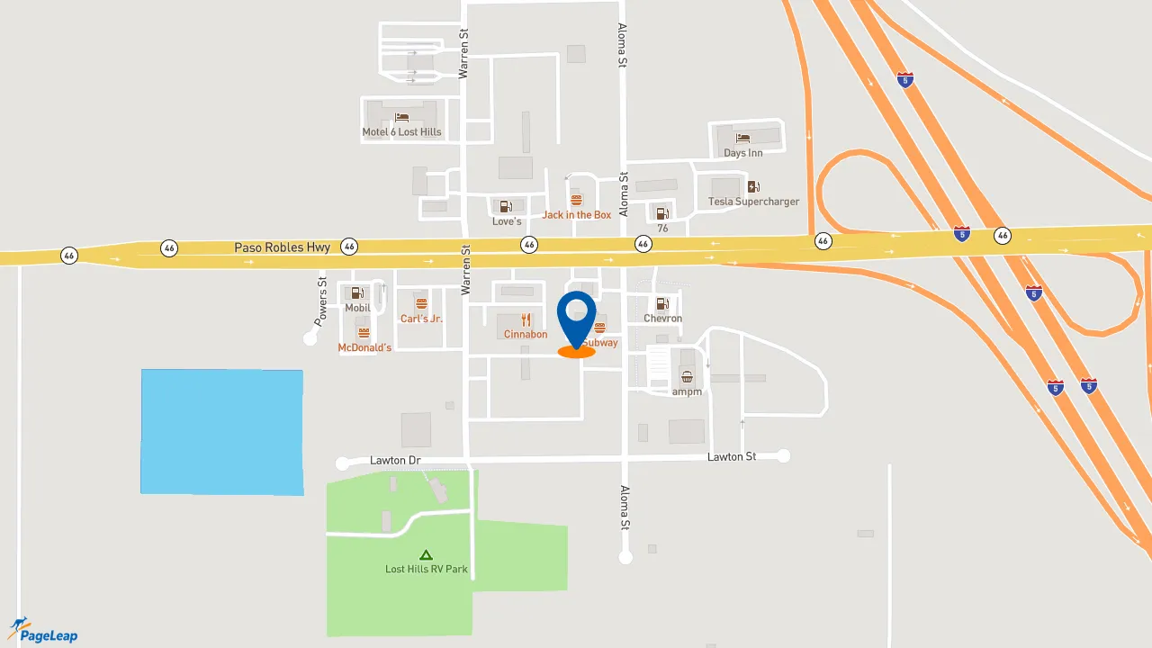 https://pageleap.com map showing location of Taco Bell in Lost Hills.