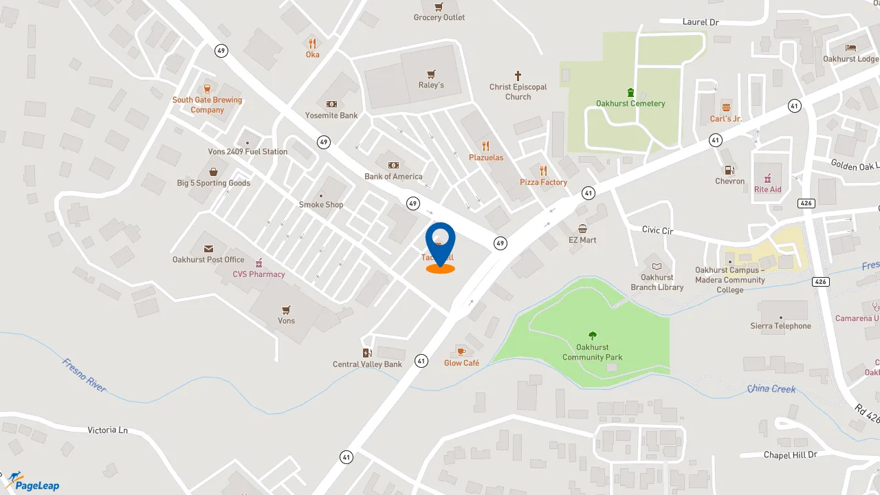 https://pageleap.com map showing location of Taco Bell in Oakhurst.