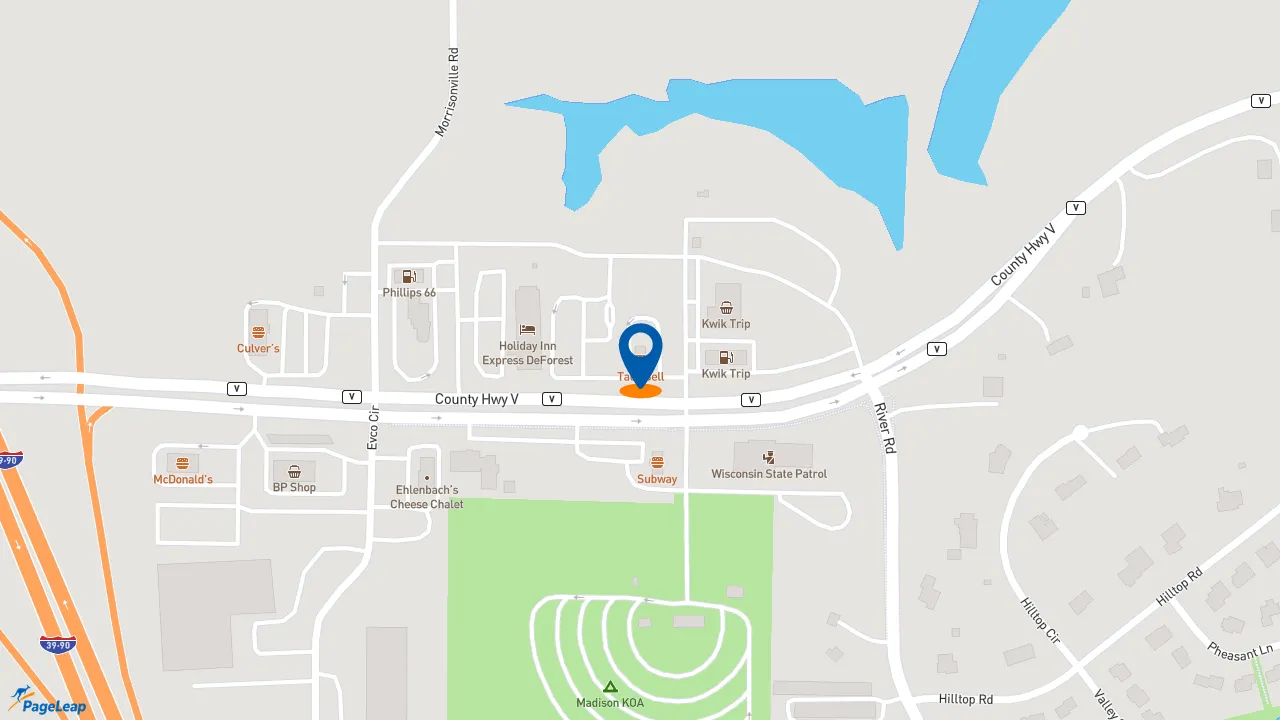https://pageleap.com map showing location of Taco Bell in De Forest.