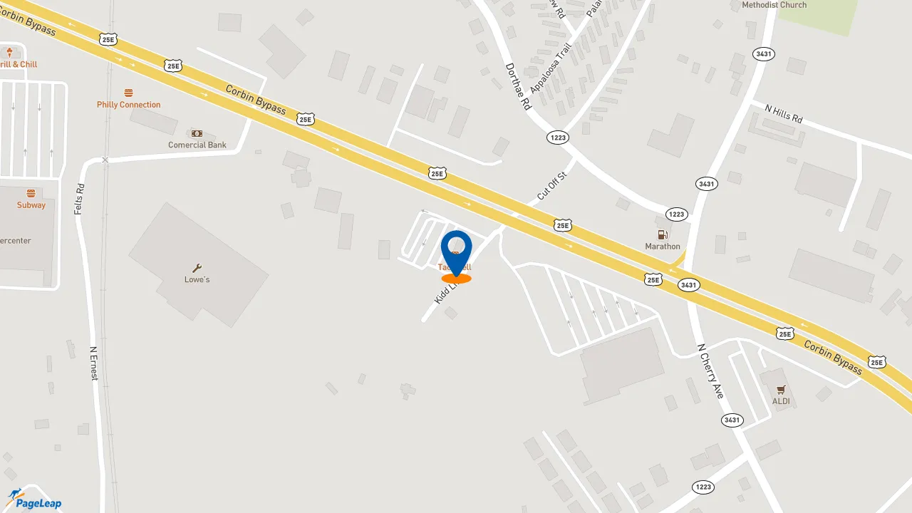 https://pageleap.com map showing location of Taco Bell in Corbin.
