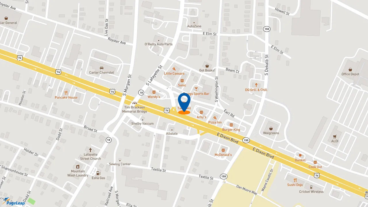 https://pageleap.com map showing location of Taco Bell in Shelby.