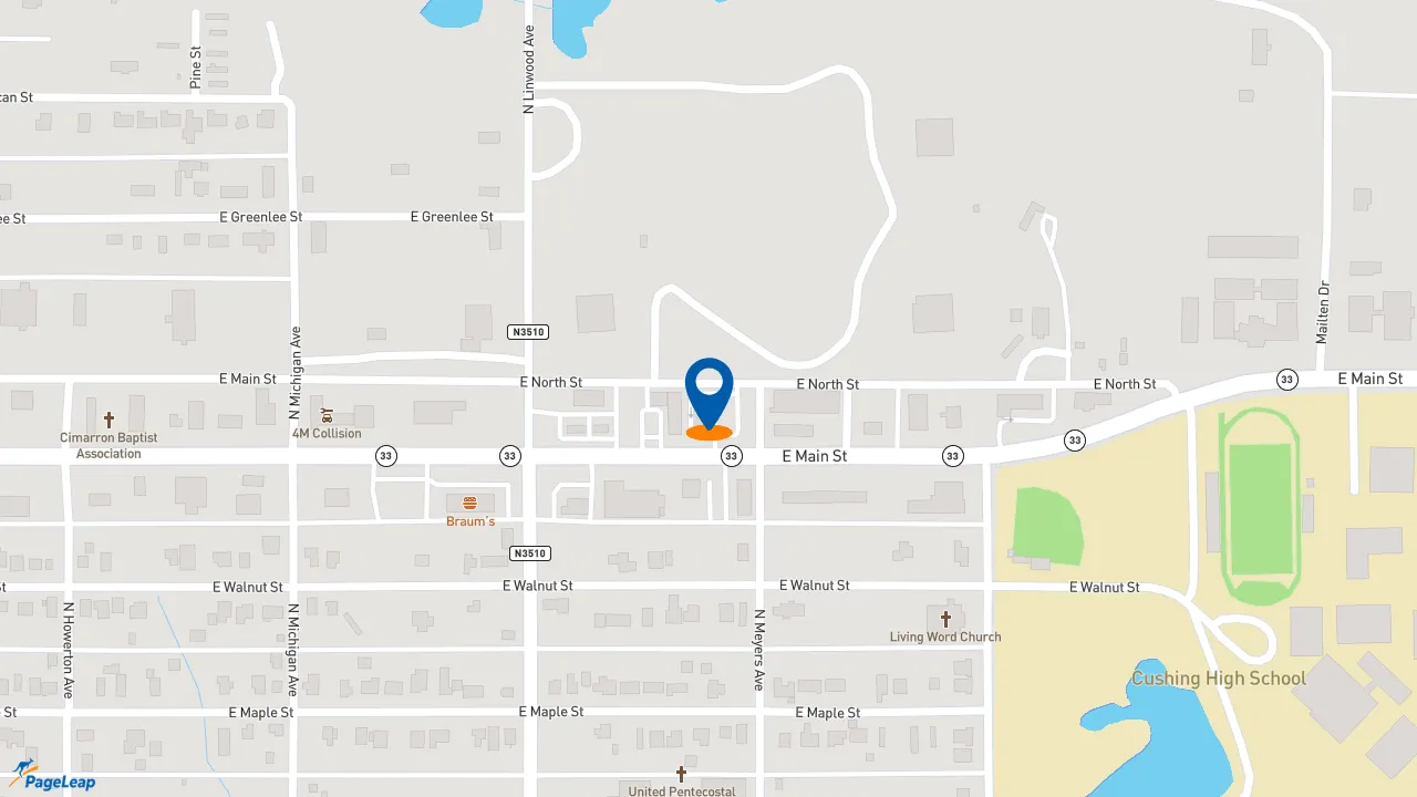 https://pageleap.com map showing location of Taco Bell in Cushing.