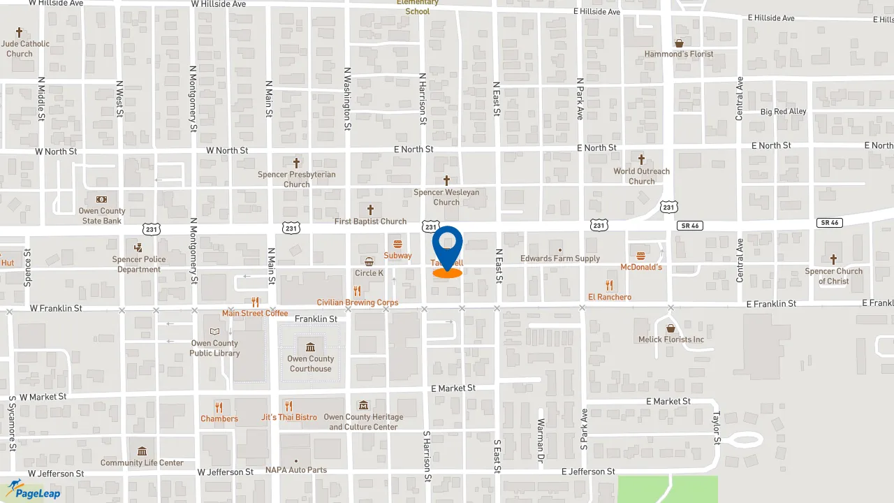 https://pageleap.com map showing location of Taco Bell in Spencer.