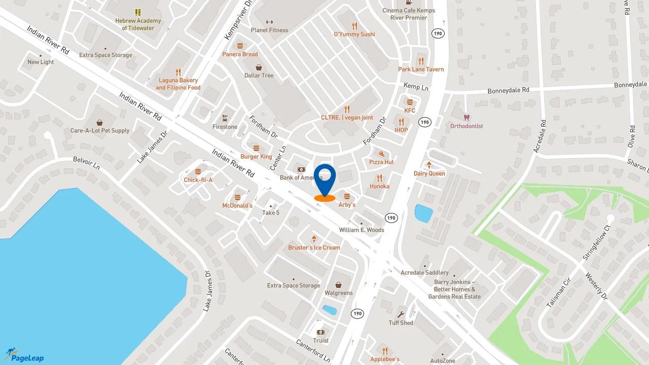 PageLeap.com map showing location of Taco Bell in Virginia Beach.