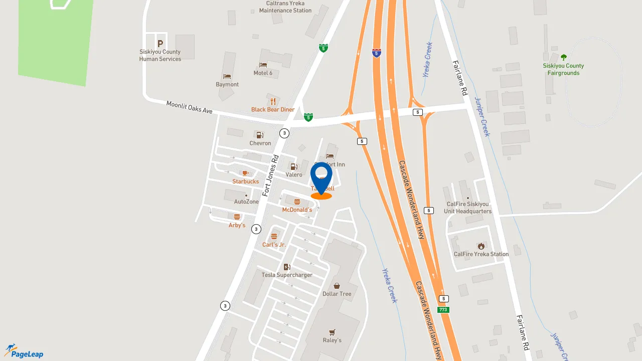 https://pageleap.com map showing location of Taco Bell in Yreka.