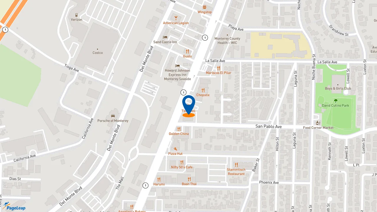 https://pageleap.com map showing location of Taco Bell in Seaside.