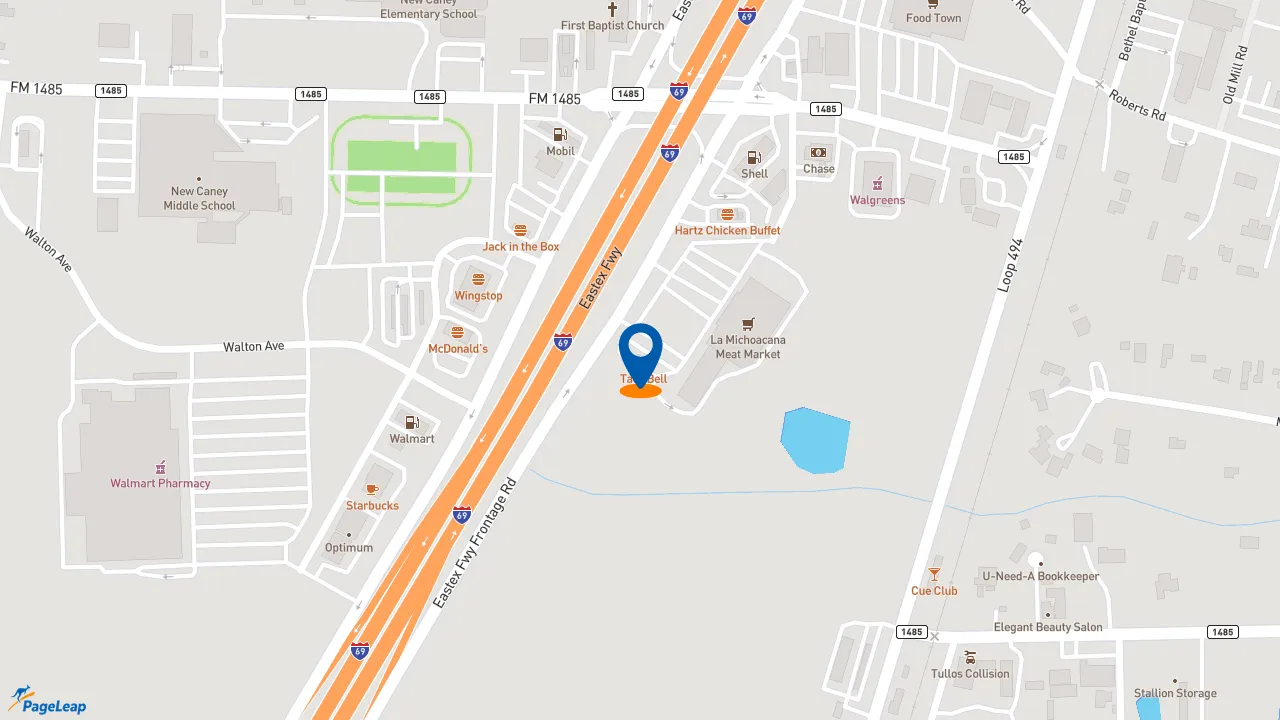 https://pageleap.com map showing location of Taco Bell in New Caney.