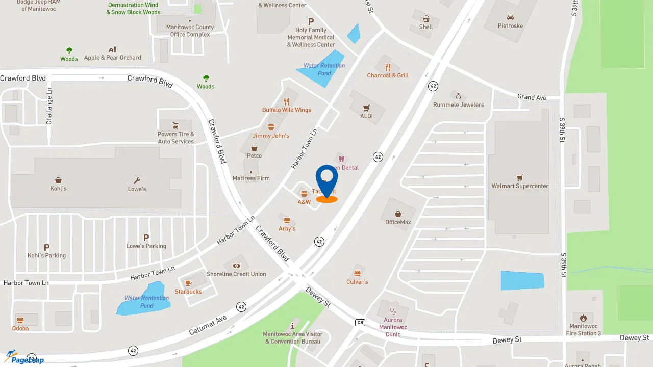 https://pageleap.com map showing location of Taco Bell in Manitowoc.