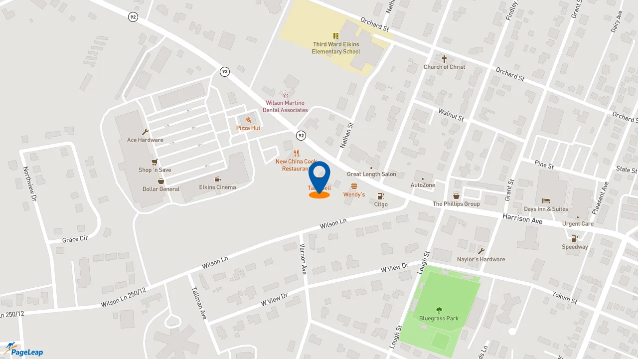 https://pageleap.com map showing location of Taco Bell in Elkins.