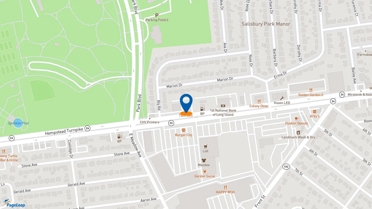 https://pageleap.com map showing location of Taco Bell in East Meadow.
