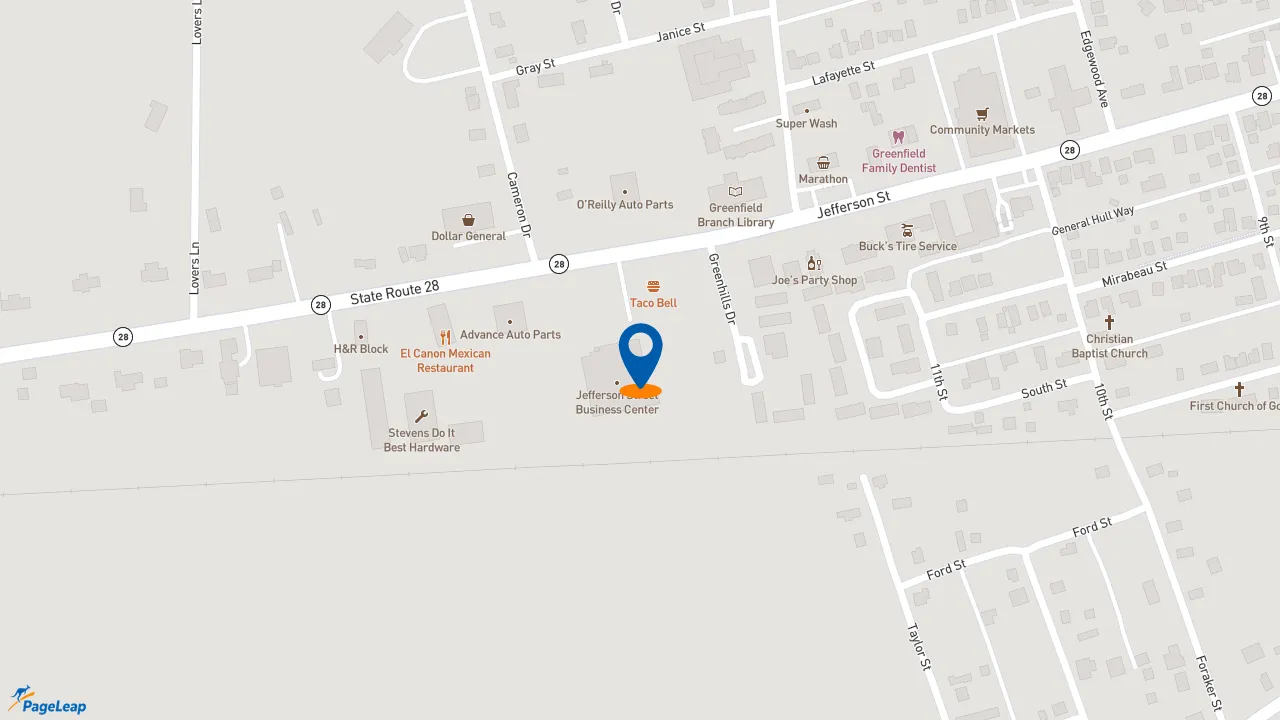https://pageleap.com map showing location of Taco Bell in Greenfield.