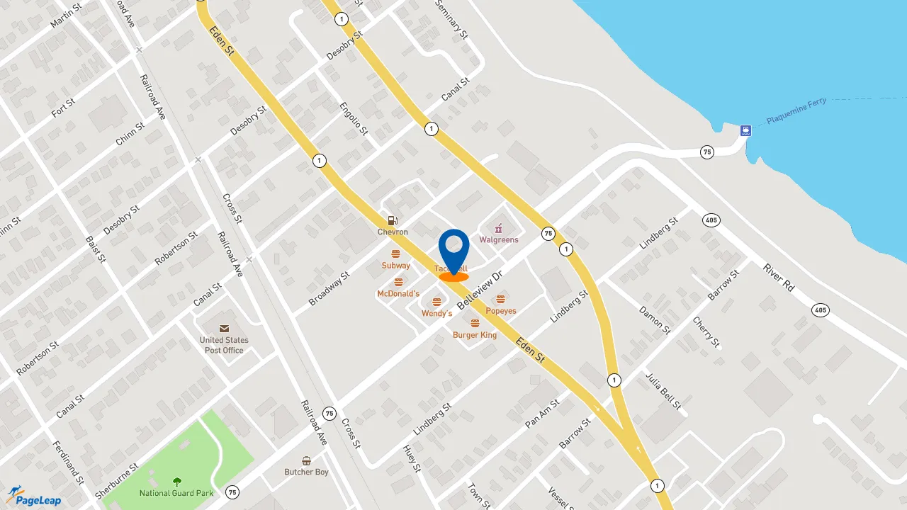 https://pageleap.com map showing location of Taco Bell in Plaquemine.
